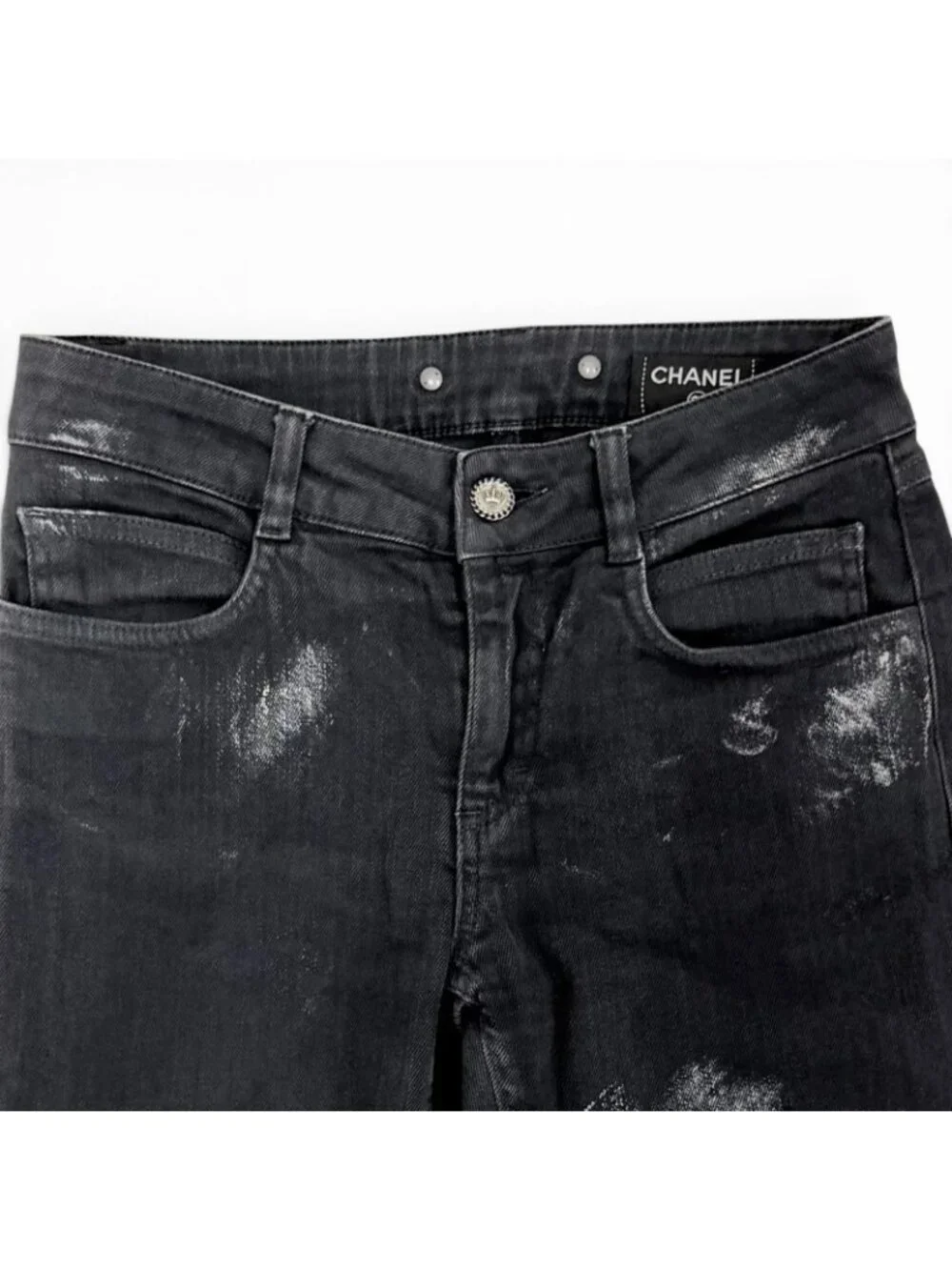 Chanel Cotton Coco Button Painted Skinny Denim Pants Black 36